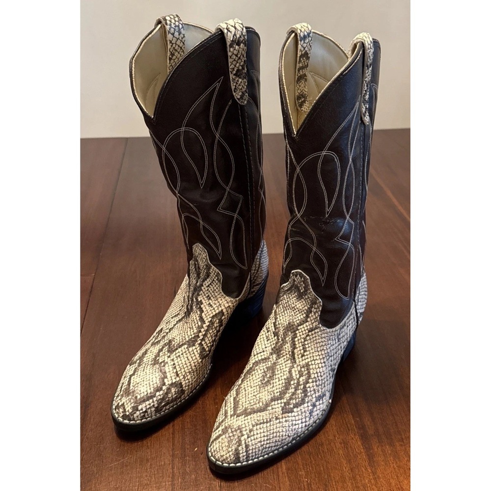 Vintage Bronco Cowboy Boots 7.5 D Brown Faux Snakeskin Western USA Made